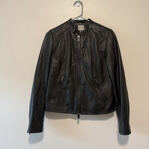 Reiss Black Lamb Leather Biker Full Zip Collarless Clo Jacket Size 10